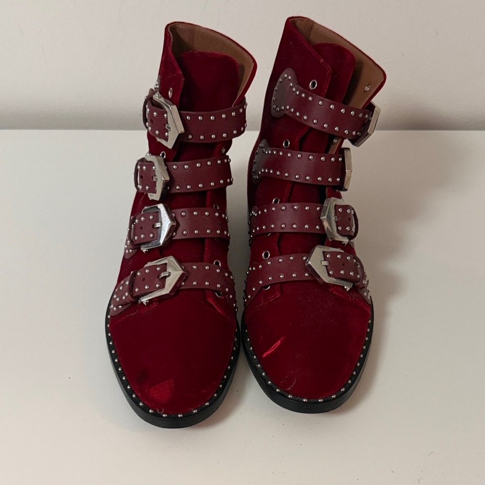 Givenchy Velvet Red studded Buckle Ankle Boots